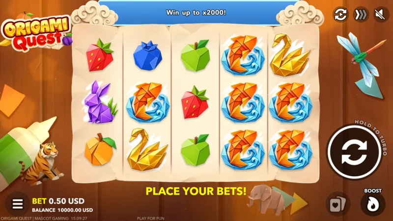 Origami Quest - ekrani i lojës me panelin e basteve dhe butonin Boost